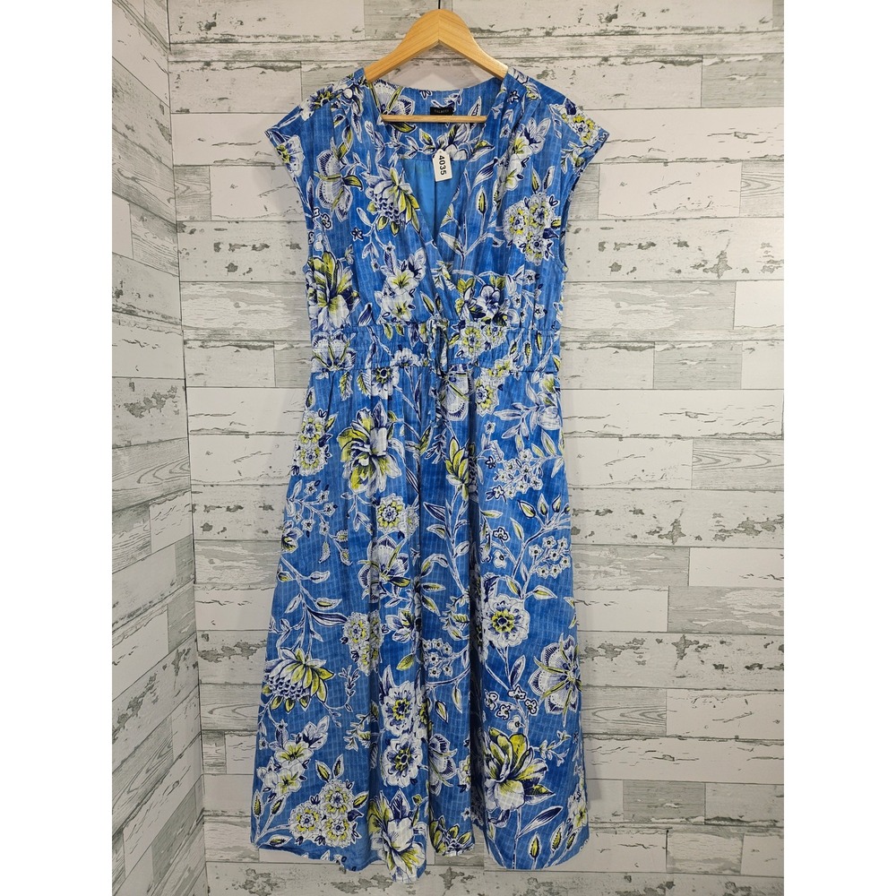 Talbots Blue Floral Cotton Midi Dress Cap Sleeve Wrap Neck Pockets Size 14